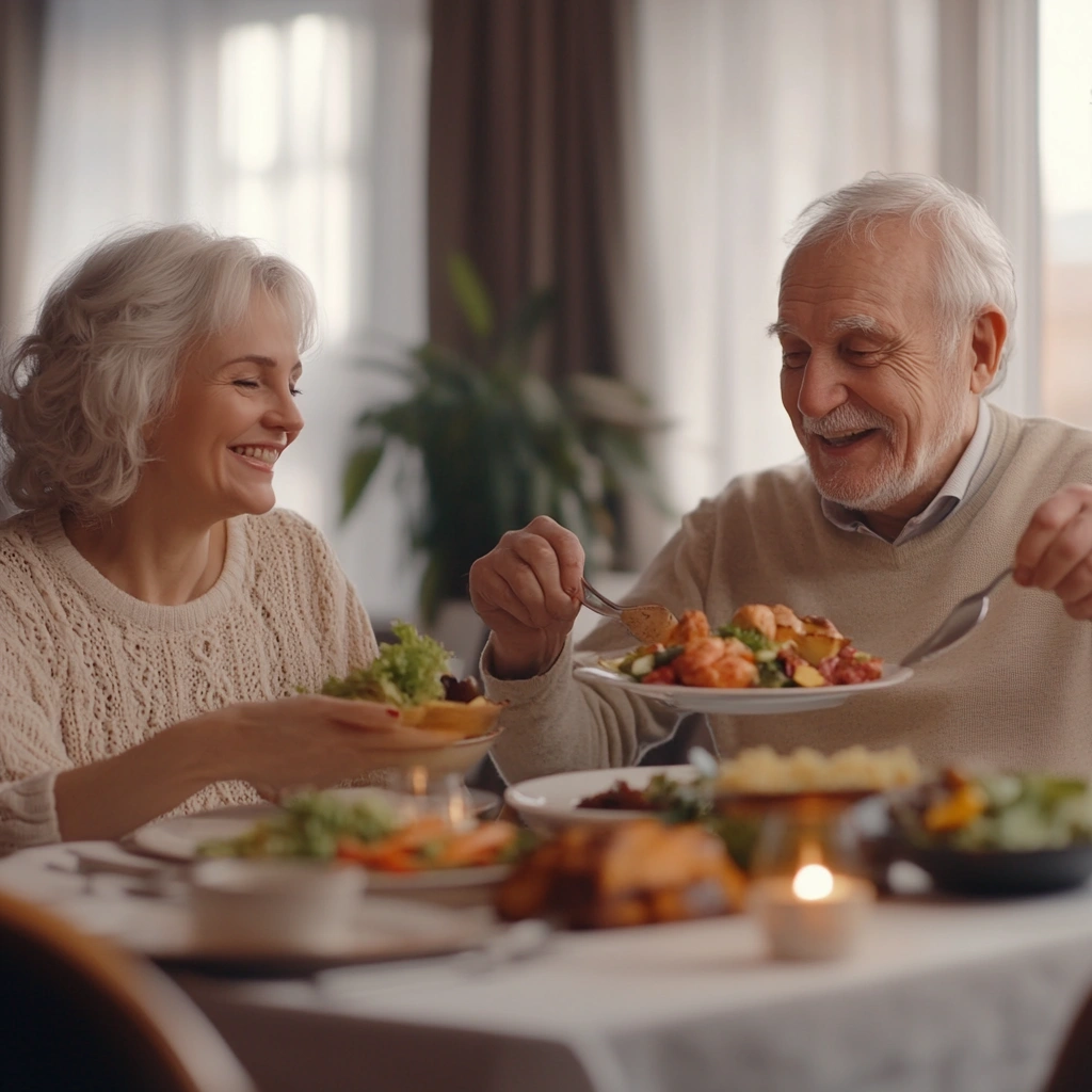 Щаслива літня пара насолоджується здоровим обідом